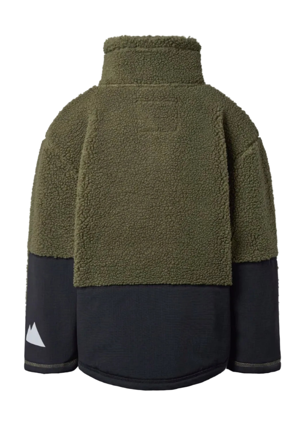 A fleece pullover jacket shown from the back, featuring an olive green upper section and dark navy lower sleeves and hem, with a small white mountain logo on the left sleeve.