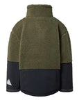 A fleece pullover jacket shown from the back, featuring an olive green upper section and dark navy lower sleeves and hem, with a small white mountain logo on the left sleeve.
