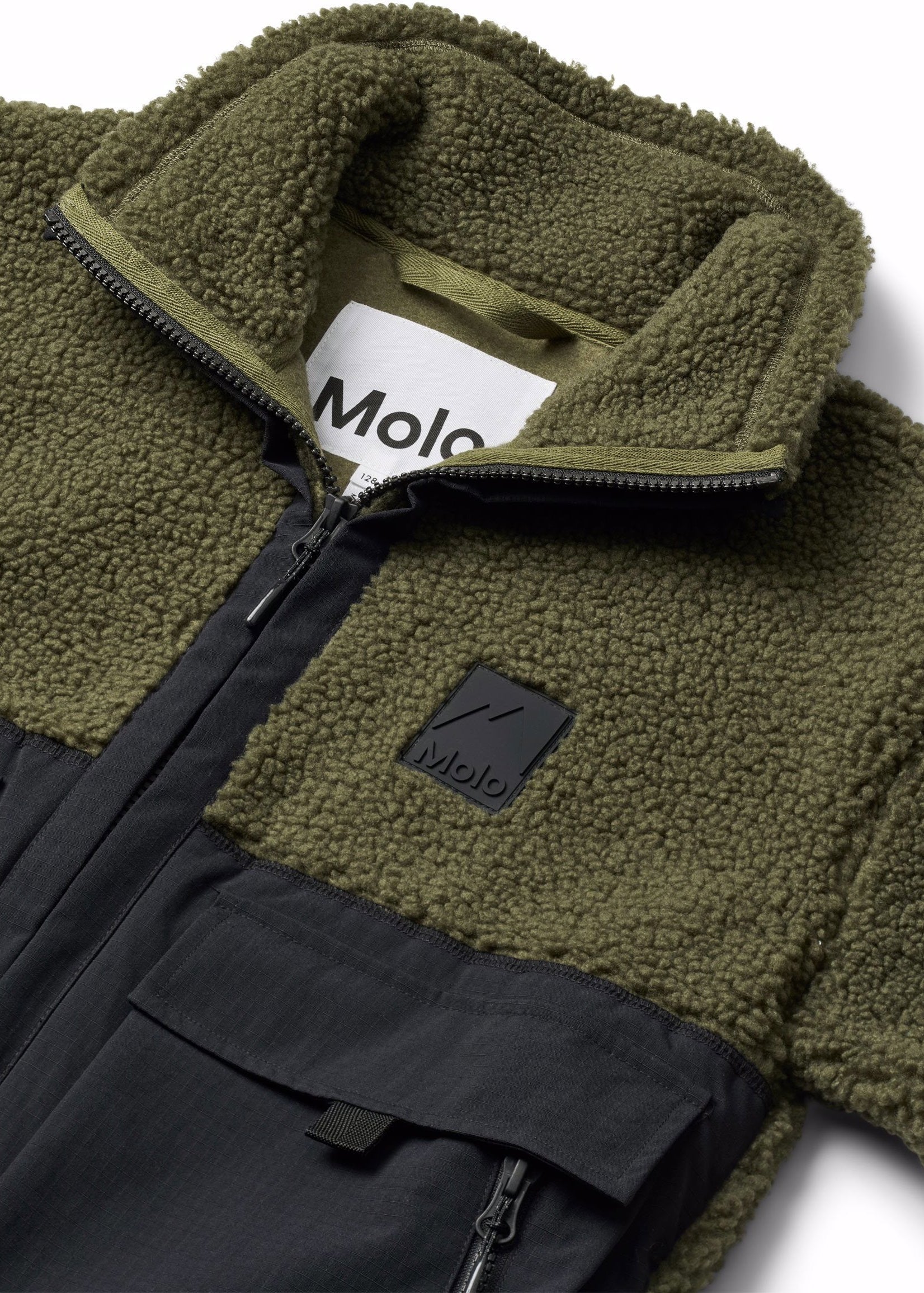 Close-up of a fleece zip jacket by Molo, featuring an olive green sherpa collar and chest patch with a black logo, combined with a black lower body and cargo pocket.