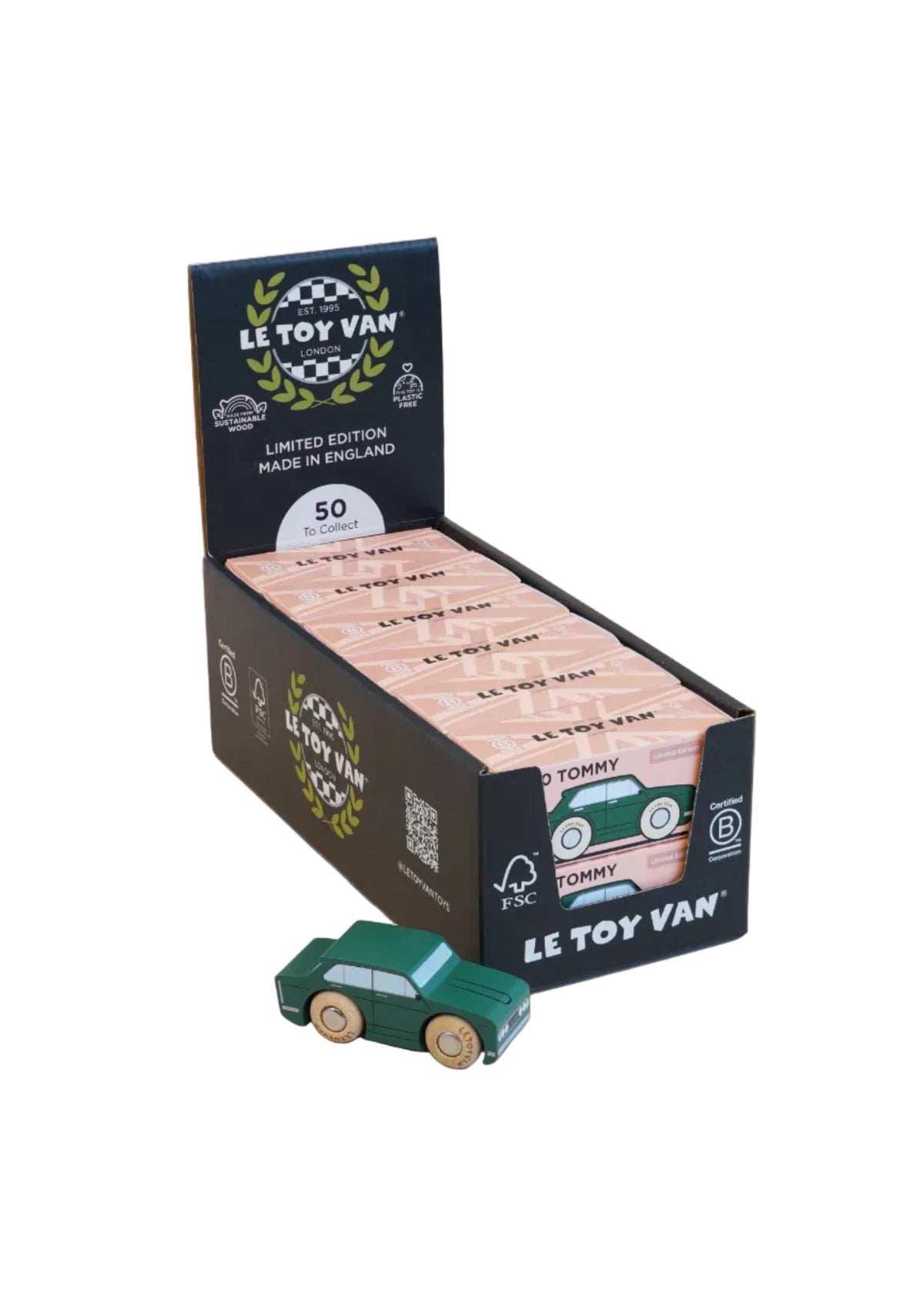 Display box of Le Toy Van toy cars with a green car in front on a light background