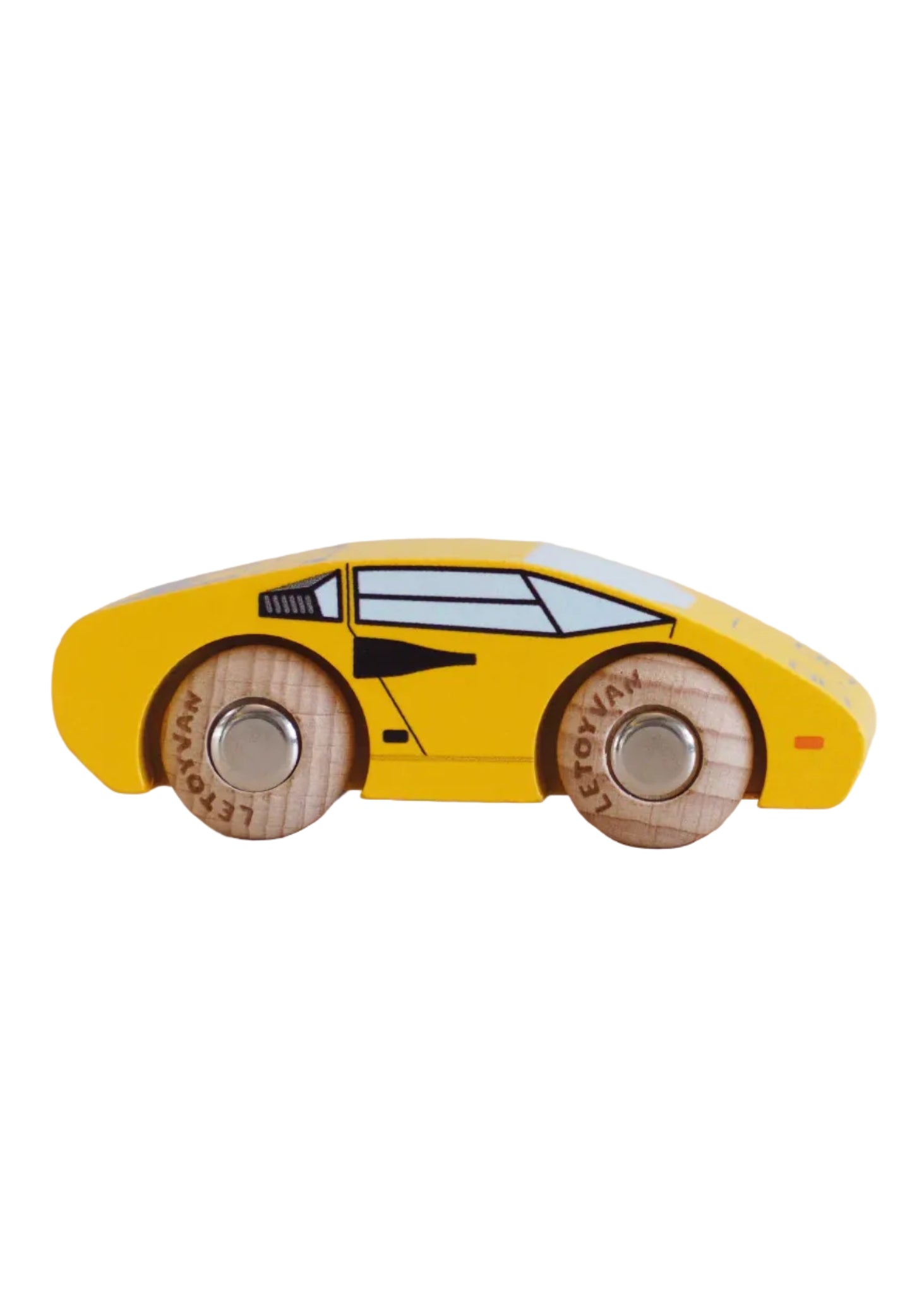 Yellow toy car with wooden wheels on a light beige background