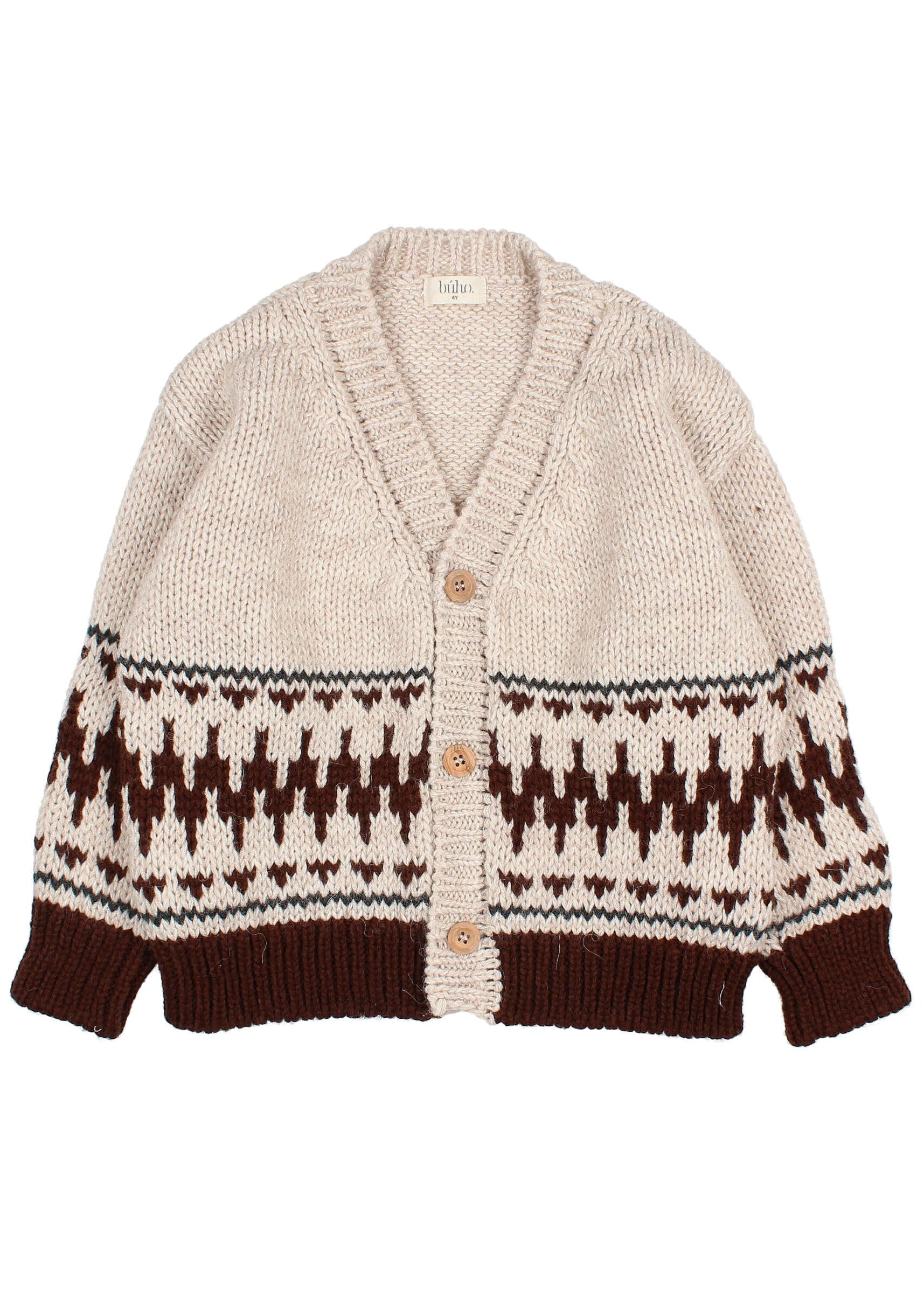 Beige cardigan with brown pattern on a white background