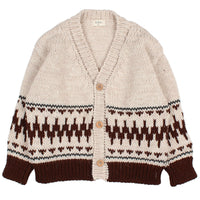 Beige cardigan with brown pattern on a white background