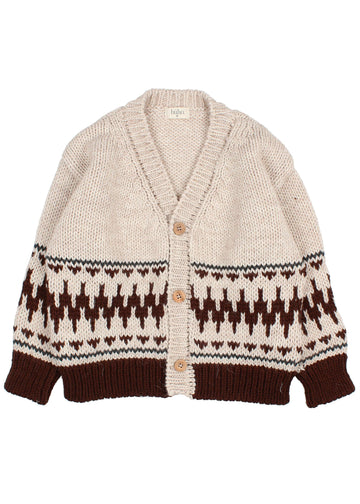 Beige cardigan with brown pattern on a white background