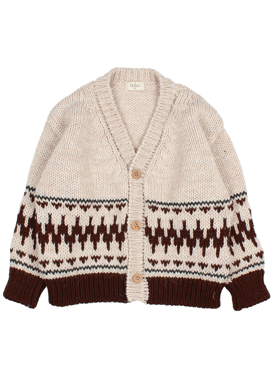 Beige cardigan with brown pattern on a white background
