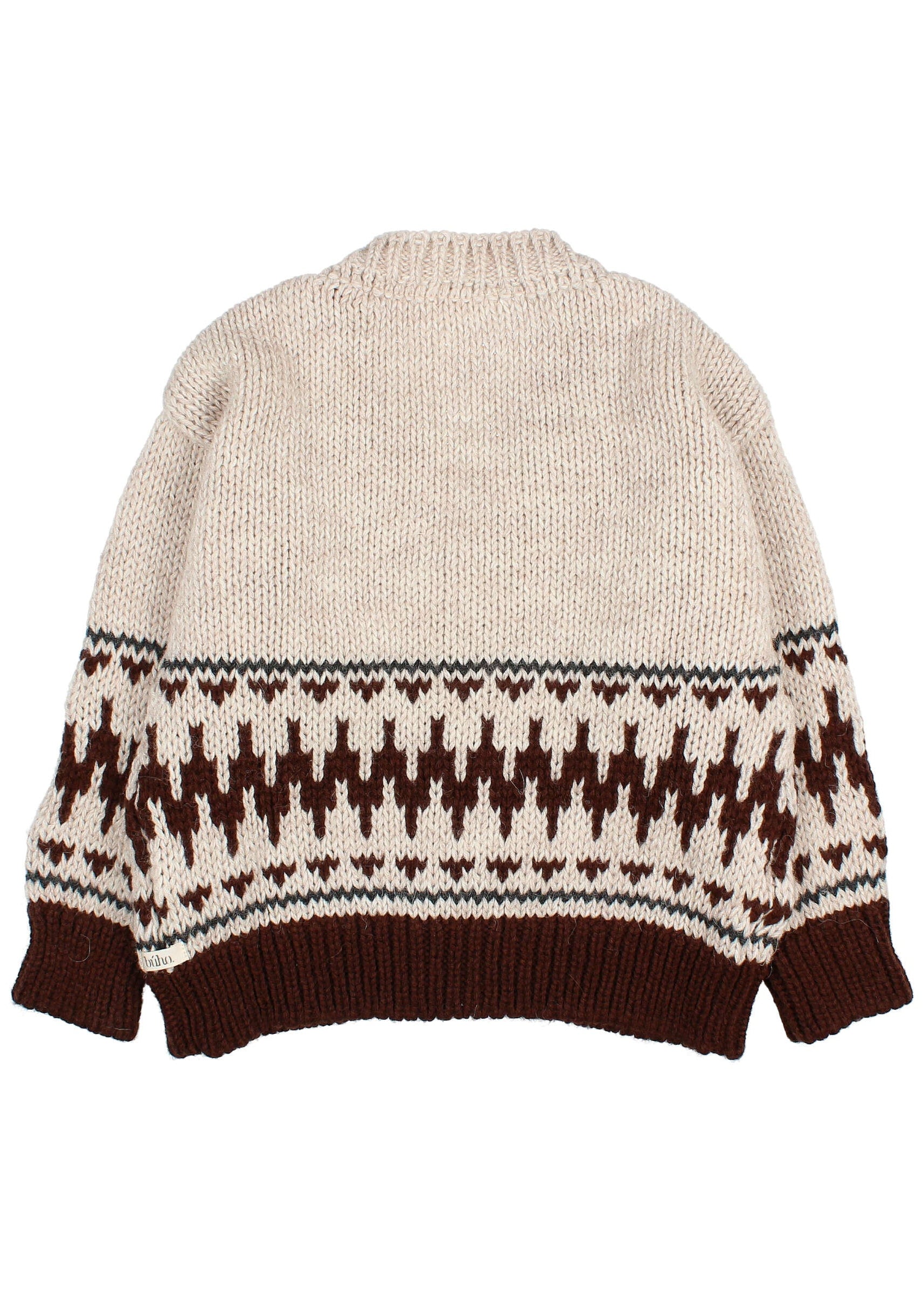 Beige sweater with brown and black pattern on a white background