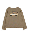 Brown long-sleeve shirt with a car graphic on a white background