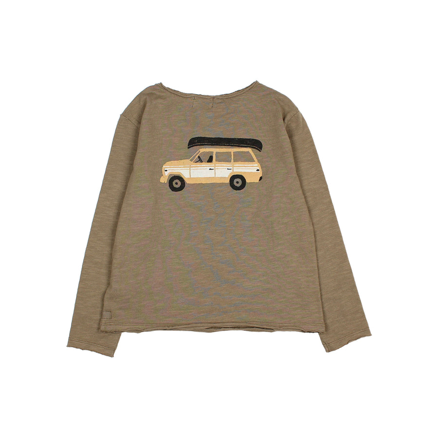 Brown long-sleeve shirt with a car graphic on a white background