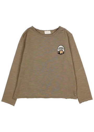 Brown long-sleeve shirt with a logo on a white background