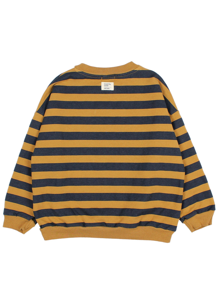 Striped sweater with yellow and navy horizontal stripes on a white background