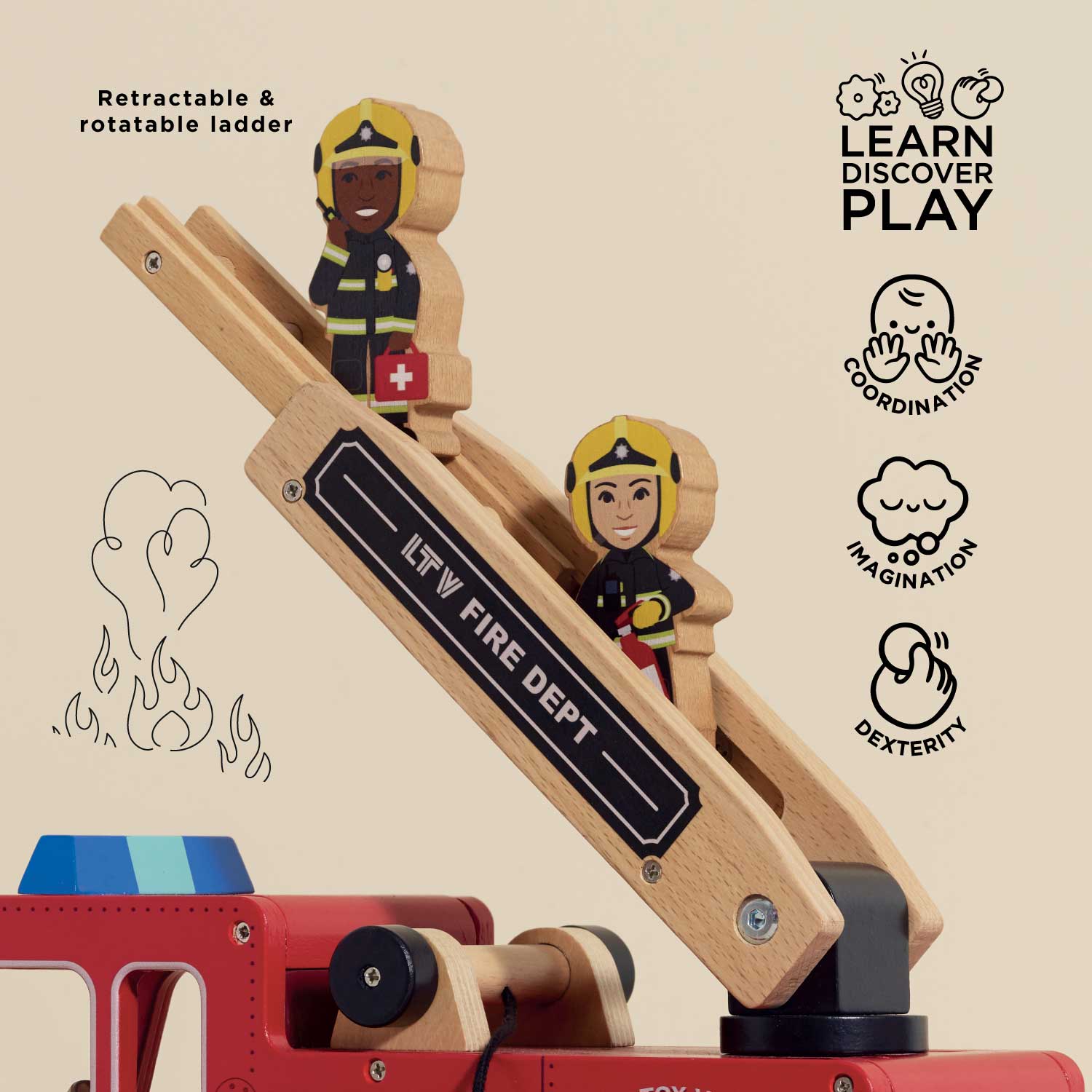 Wooden toy fire station with firefighters and a retractable ladder on a beige background.