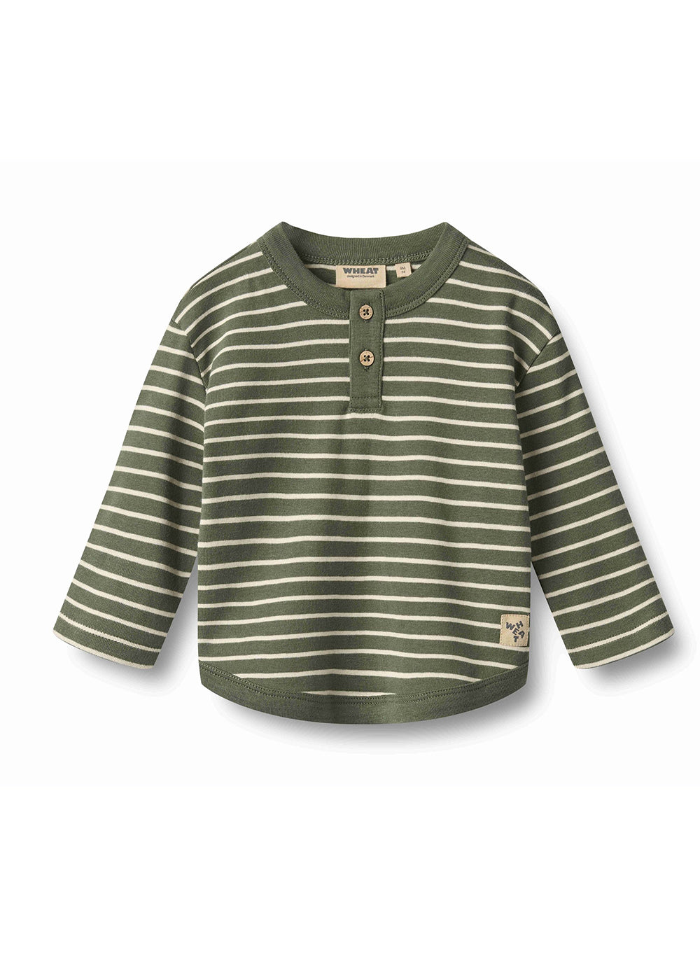 A toddler's long-sleeve henley shirt in olive green and cream stripes, featuring a three-button placket and a small embroidered patch on the lower left hem, shown against a plain white background.