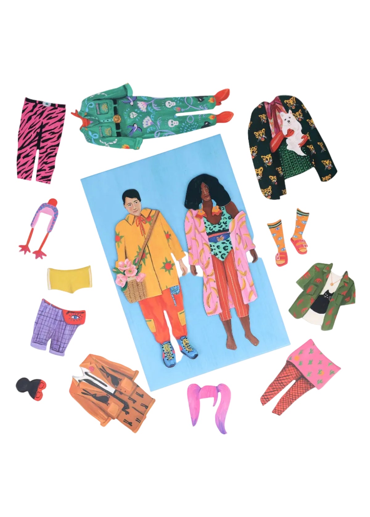 Colorful paper dolls with accessories on a white background