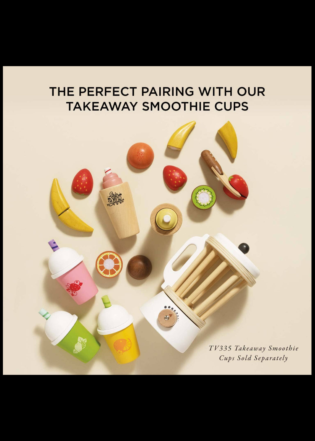 Takeaway smoothie cups and toy fruits on a beige background with text about the perfect pairing.