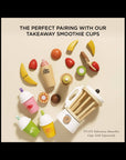 Takeaway smoothie cups and toy fruits on a beige background with text about the perfect pairing.