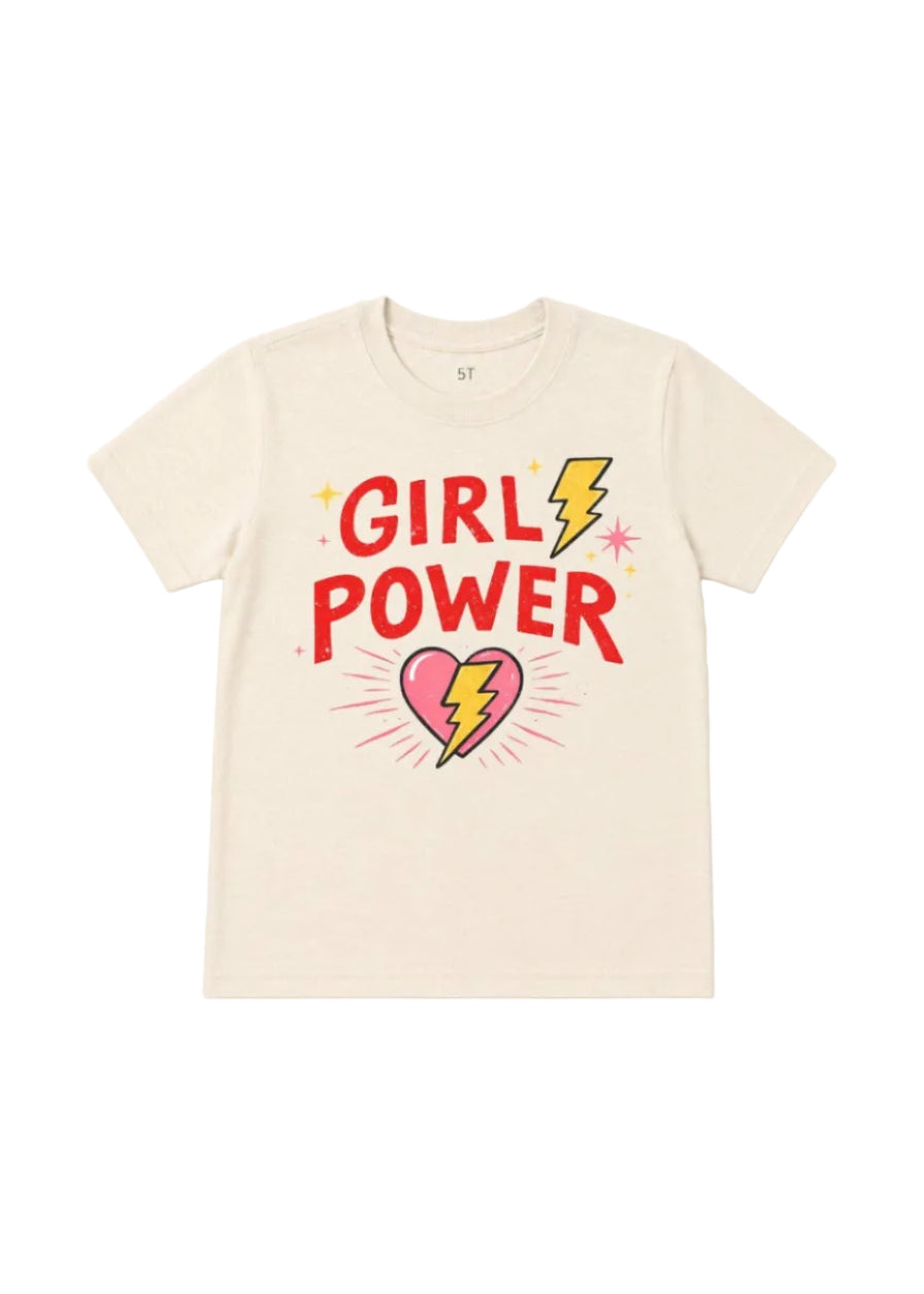 A cream-colored short-sleeve t-shirt with a colorful graphic on the front that reads 'GIRL POWER' in red letters, accompanied by a pink heart, yellow lightning bolt, and small star accents.