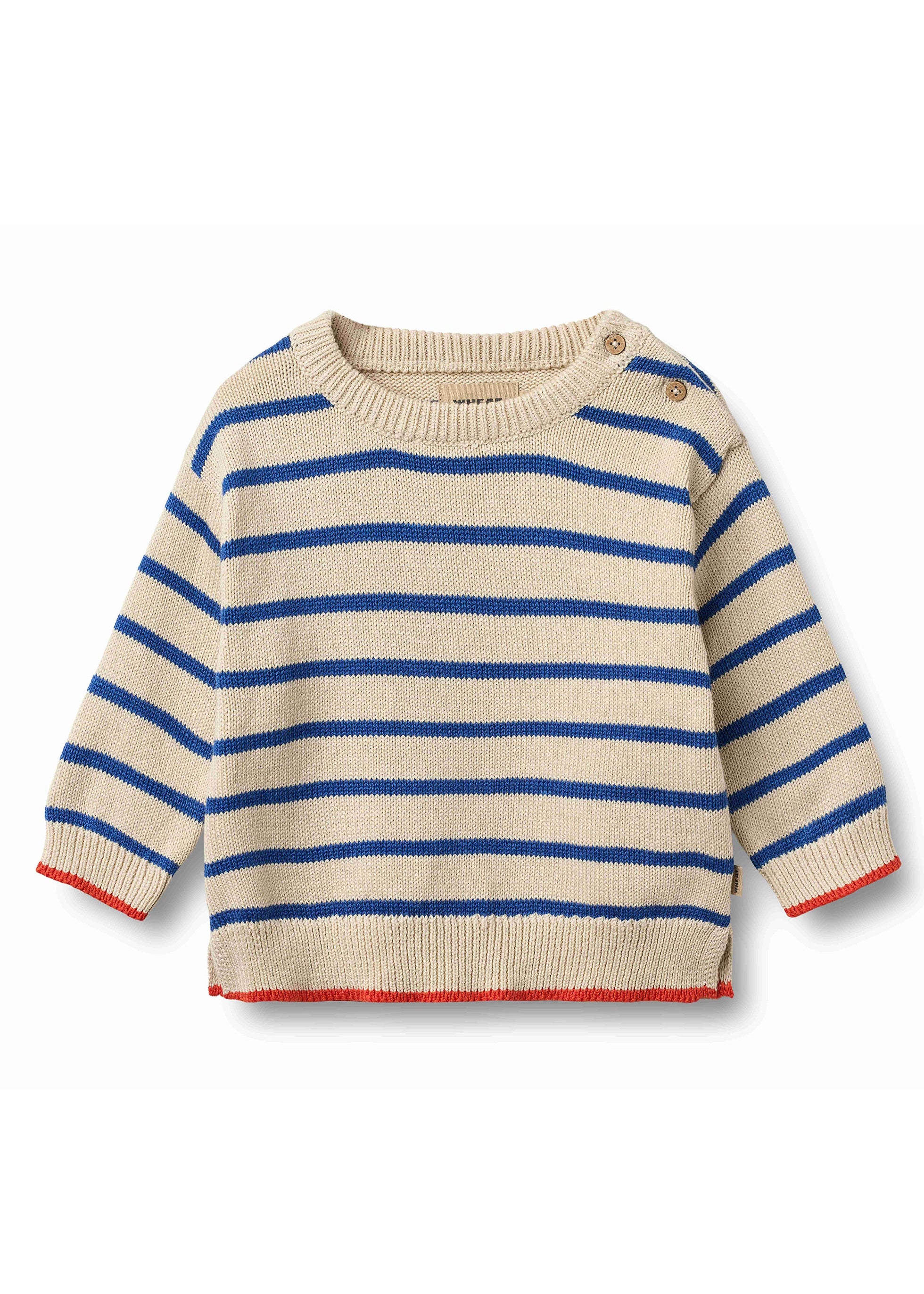 Striped sweater with blue and beige colors on a white background