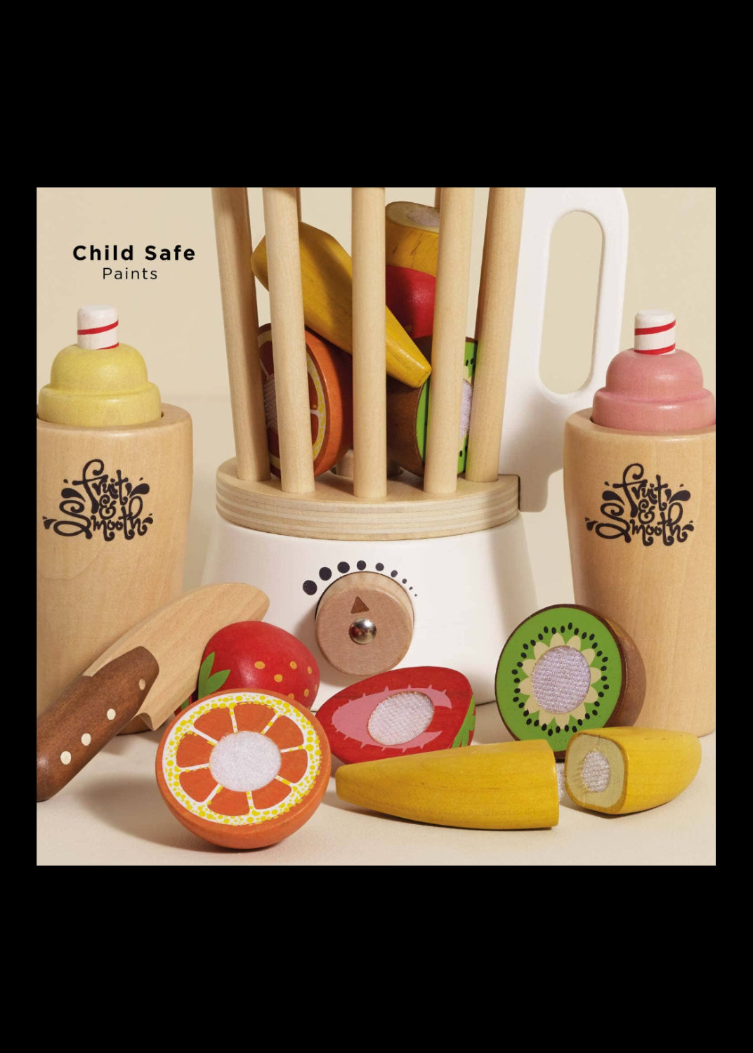Wooden toy set with colorful fruits and a white container labeled 'Child Safe Paints'.