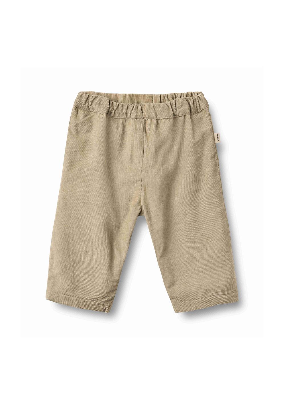 A pair of beige toddler pants with an elastic waistband, laid flat on a white background.
