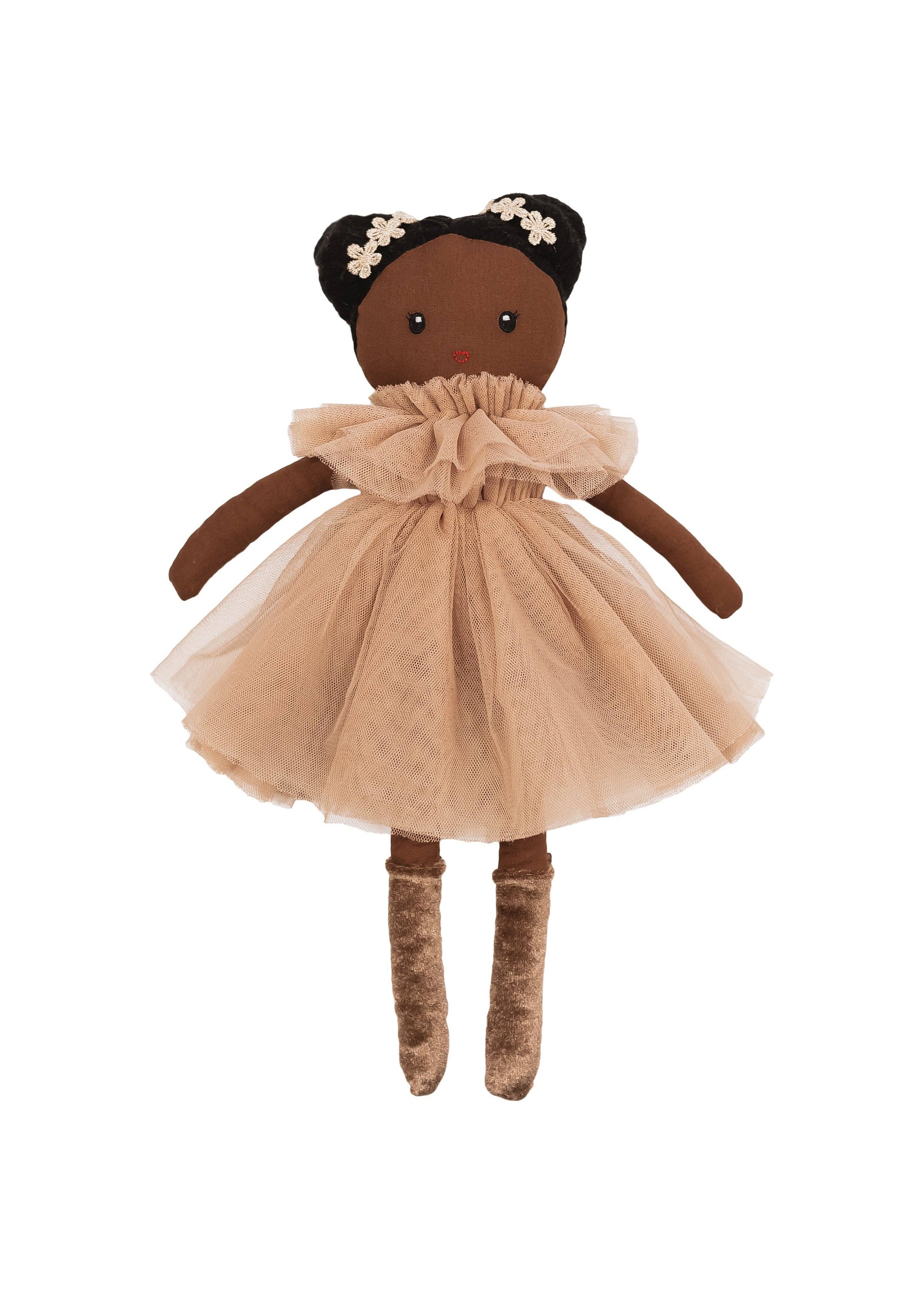 Plush doll with a beige dress on a white background