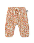 Floral-patterned baby pants with drawstring on a white background