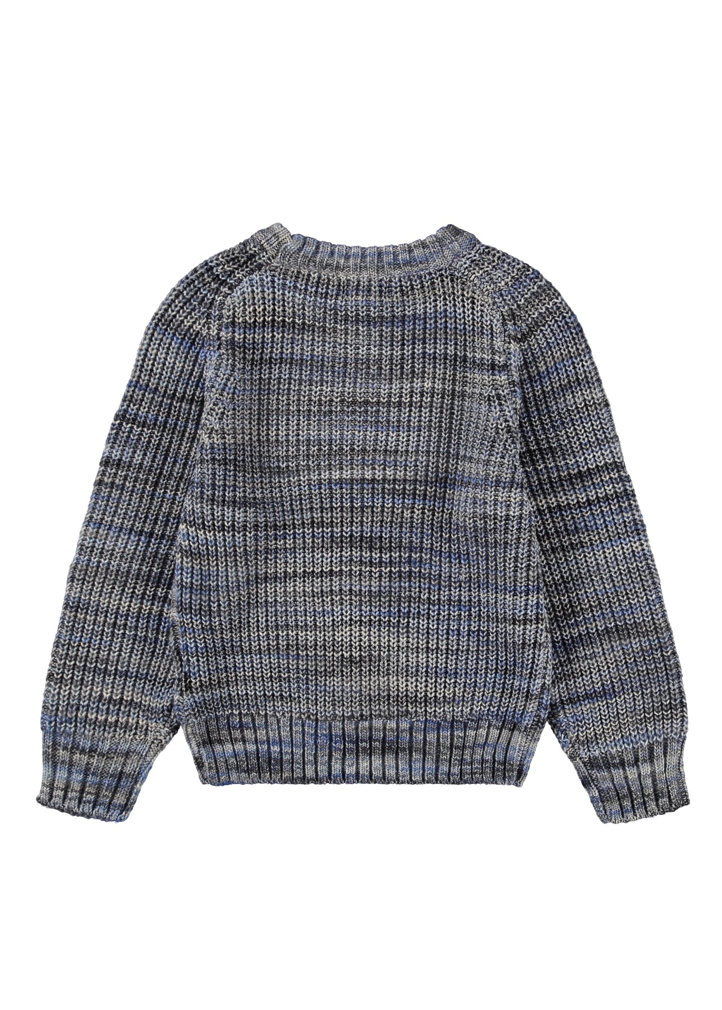 Back view of a patterned sweater on a white background