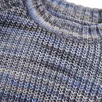 Close-up of a knitted sweater with a blue and gray pattern on a white background