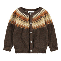 Brown knitted cardigan with patterned shoulders on a white background