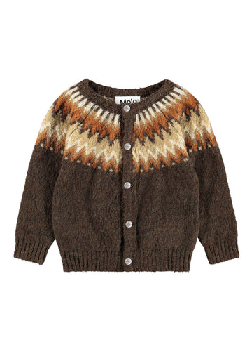 Brown knitted cardigan with patterned shoulders on a white background