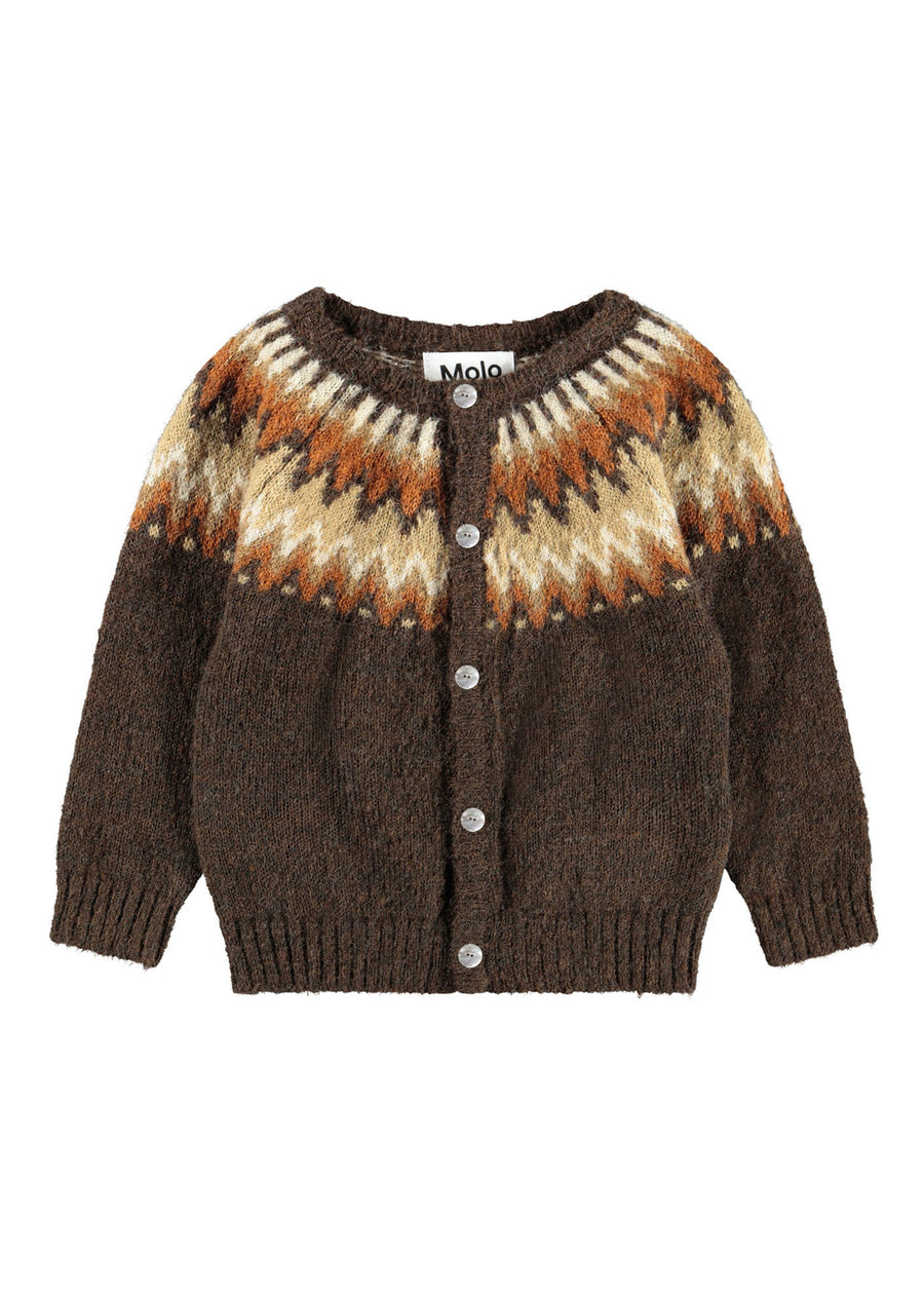 Brown knitted cardigan with patterned shoulders on a white background