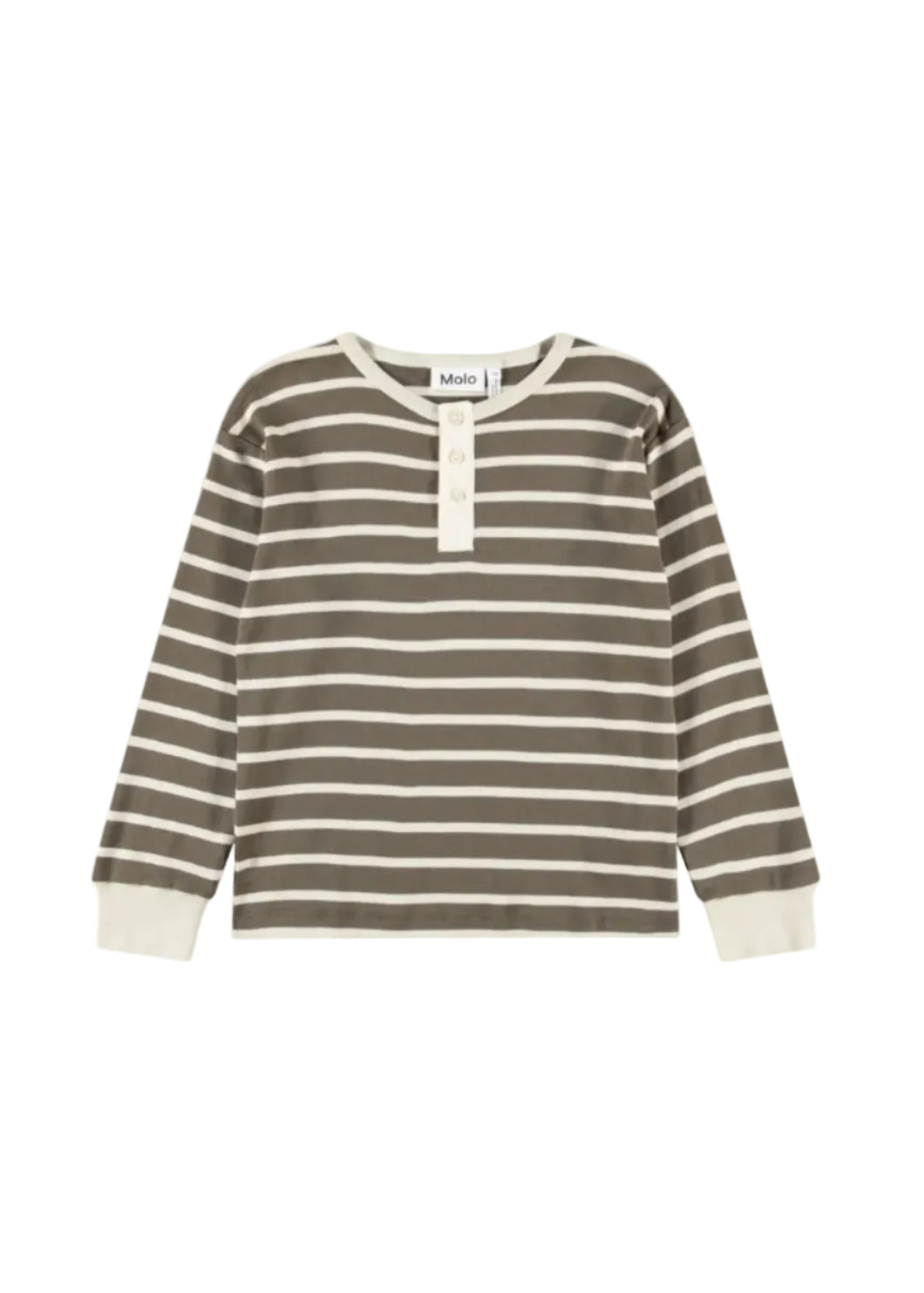 A long-sleeve henley shirt by Molo, featuring horizontal stripes in brown and cream with a three-button placket.