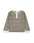 A long-sleeve henley shirt by Molo, featuring horizontal stripes in brown and cream with a three-button placket.