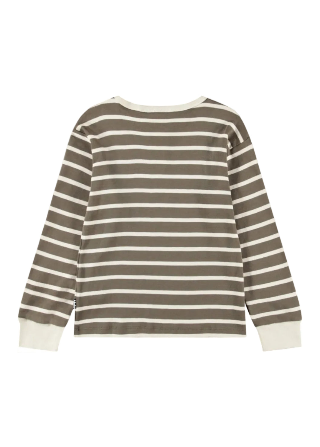 A long-sleeve crewneck shirt with horizontal stripes in brown and off-white, featuring solid off-white ribbed cuffs and collar.