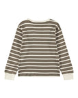 A long-sleeve crewneck shirt with horizontal stripes in brown and off-white, featuring solid off-white ribbed cuffs and collar.