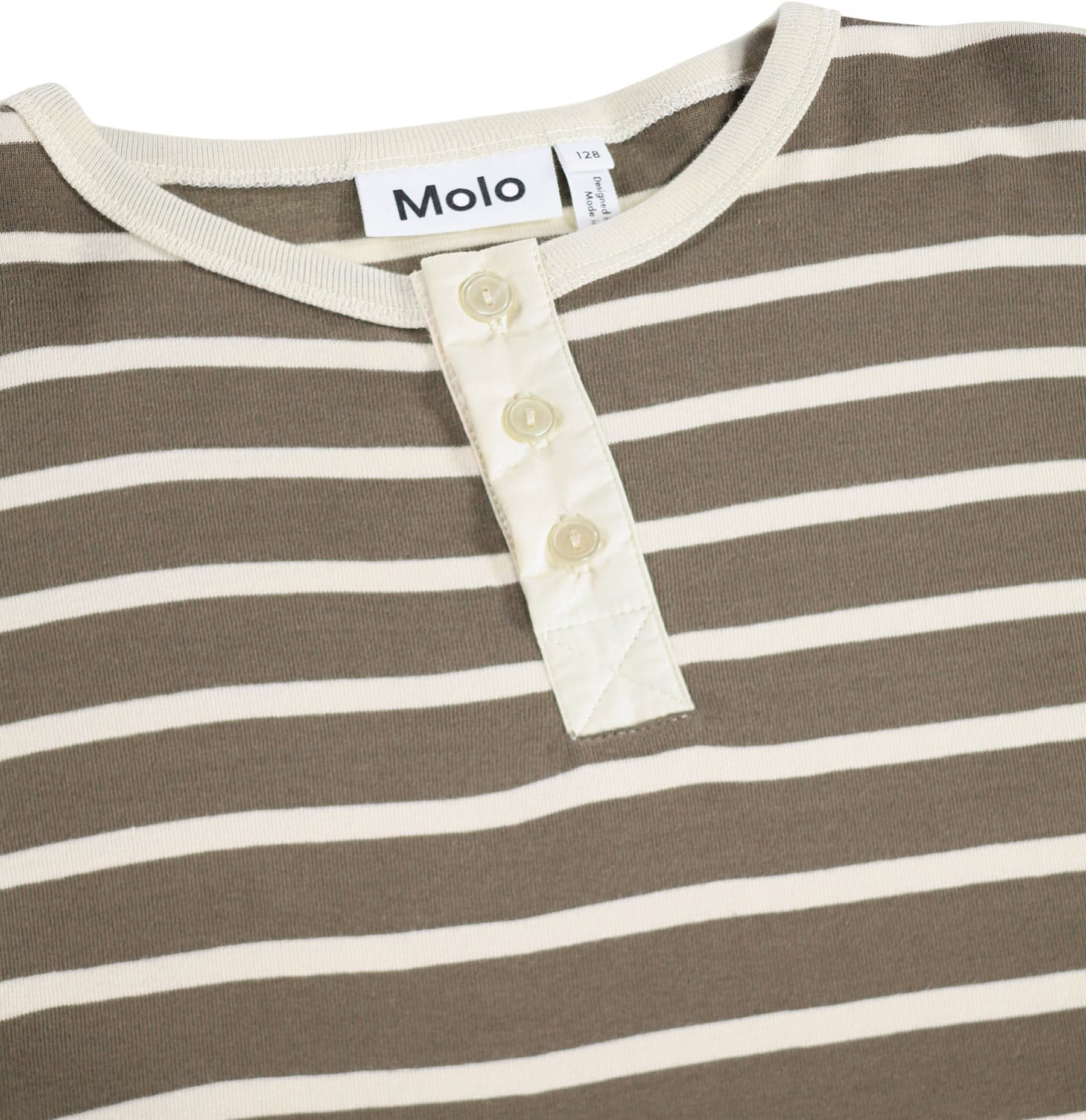 Close-up of a Molo brand striped henley shirt in brown and cream, featuring a three-button placket and ribbed collar.