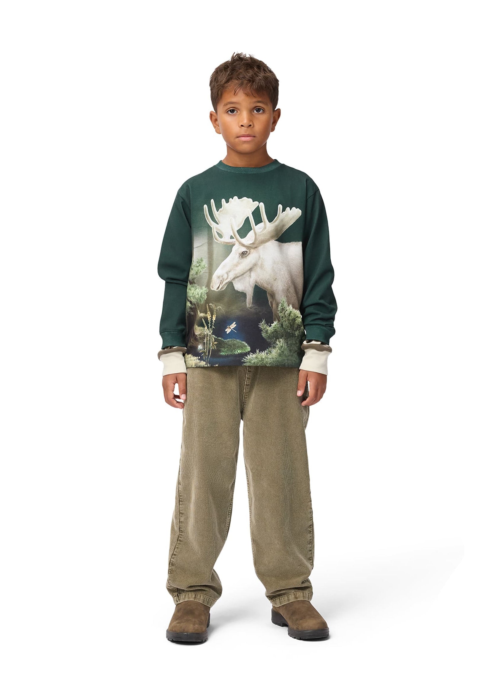 Child wearing a green sweatshirt with a moose graphic on a white background