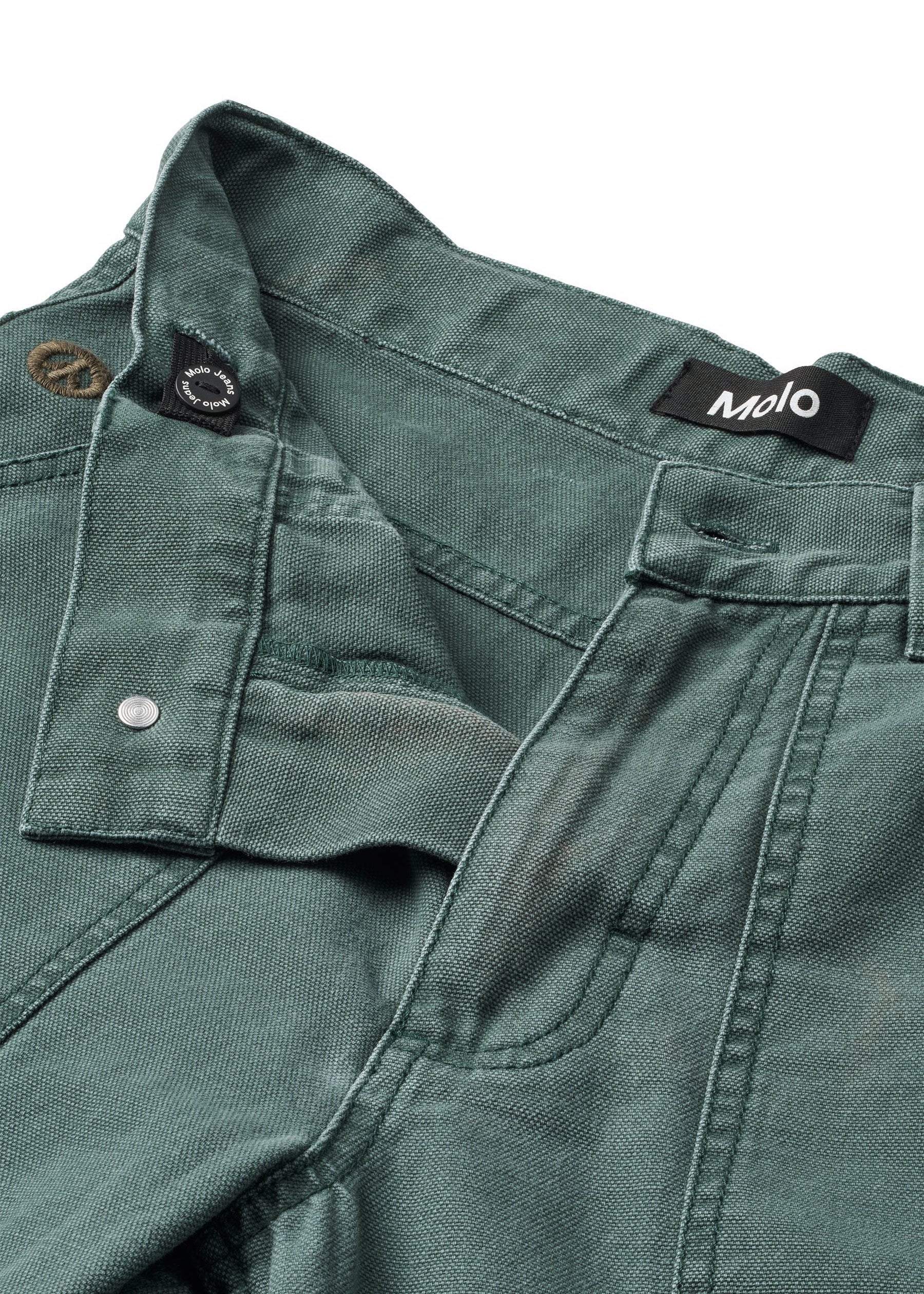 Green jacket with 'Molo' brand label on a white background