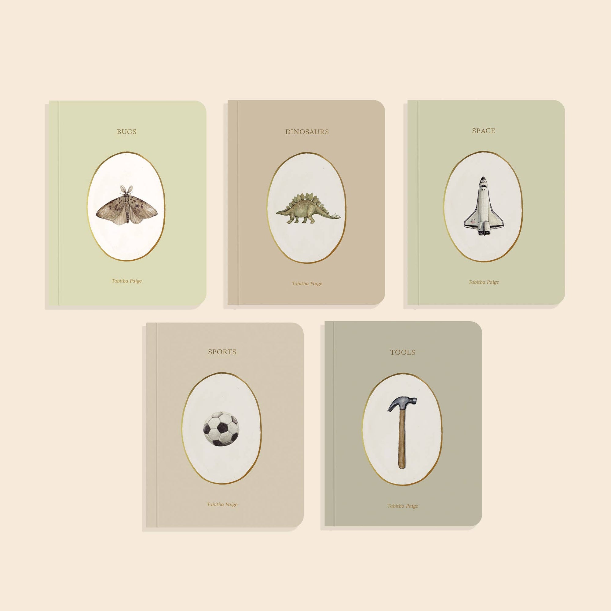 Five notebooks with oval illustrations on a beige background