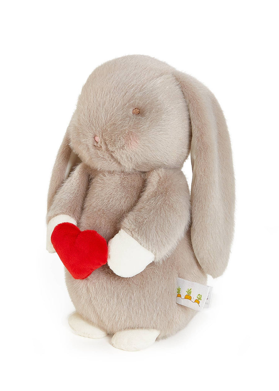 Plush bunny toy with a red heart on a white background