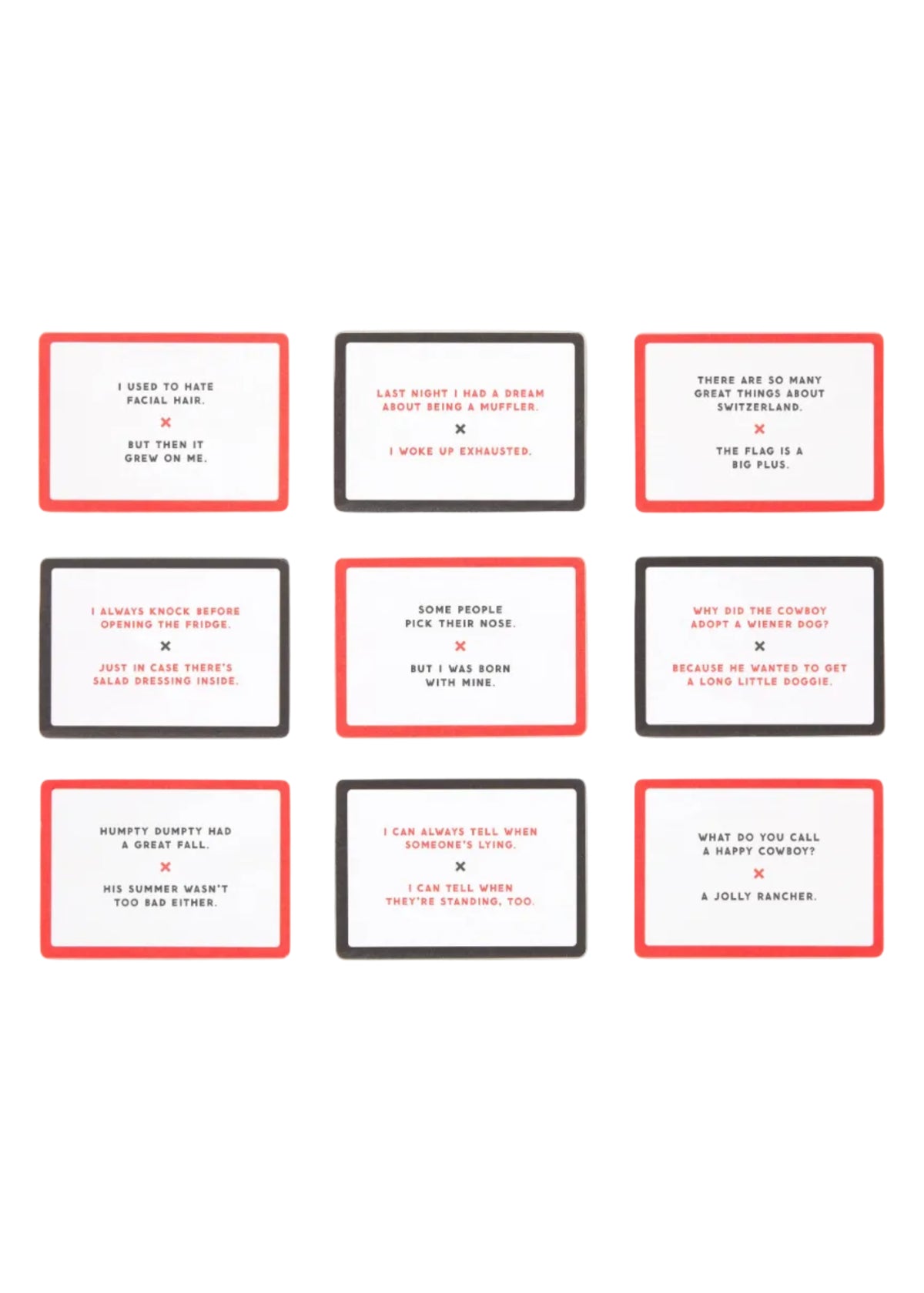 Set of humorous sayings on small cards with red borders.