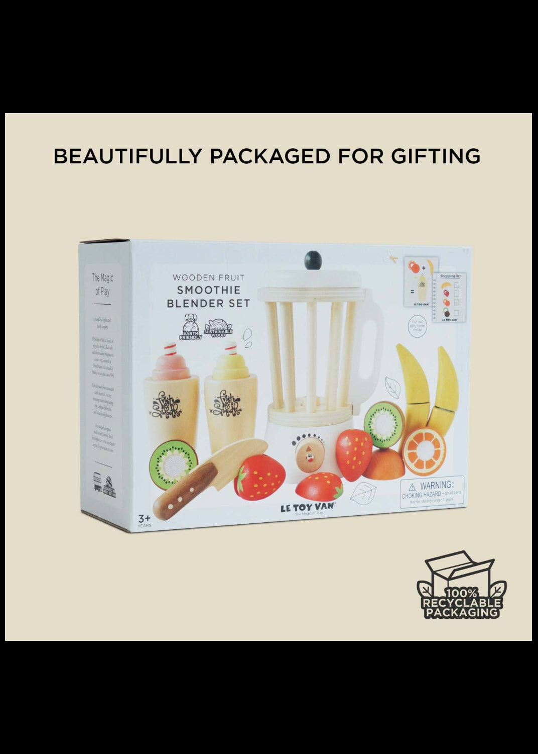 Le Toy Van wooden fruit smoothie blender set packaging on a beige background