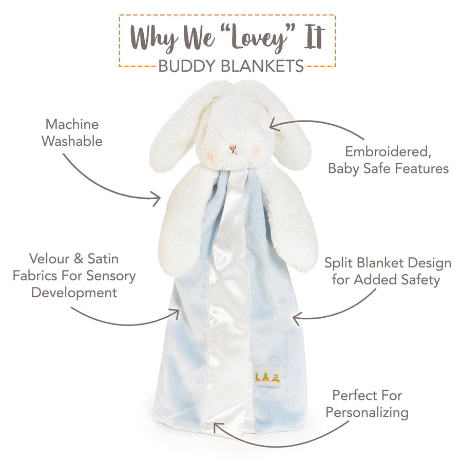 Buddy Blanket with bunny design on a white background with text highlighting features.