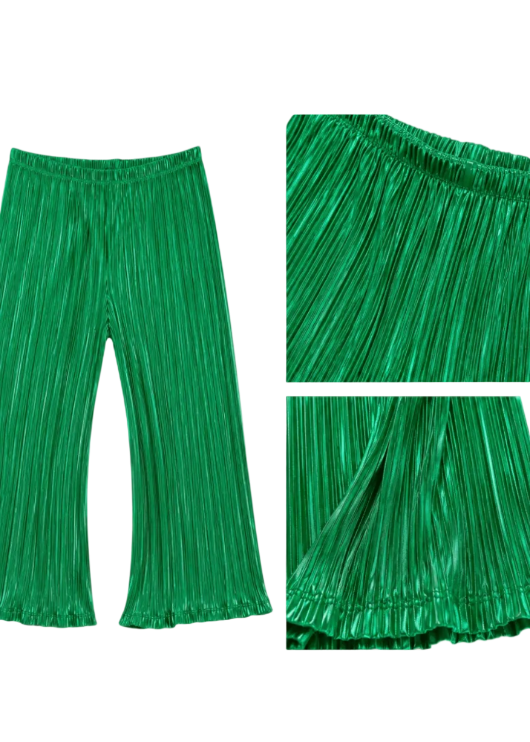 Green pleated pants with close-up details on a white background
