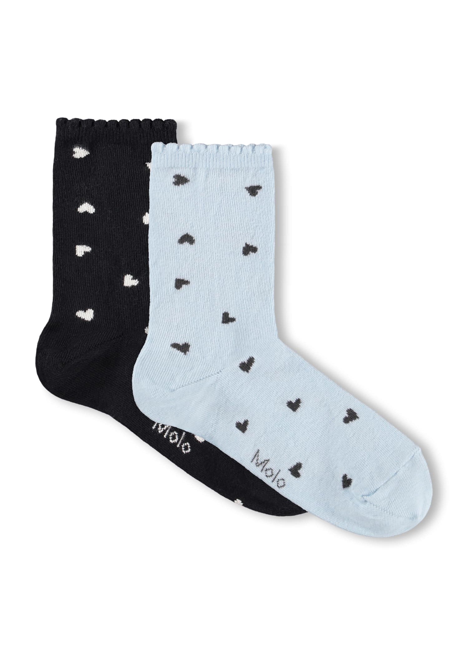 Two pairs of socks, one black and one light blue with heart patterns, on a white background.