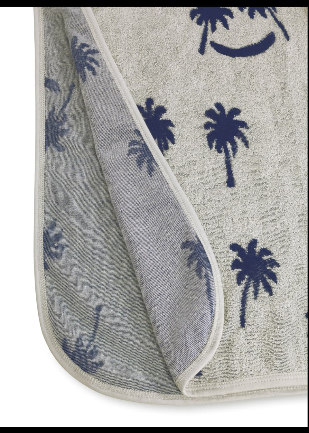 Gray bath mat with navy palm tree pattern on a white background