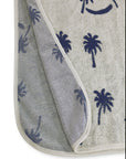 Gray bath mat with navy palm tree pattern on a white background