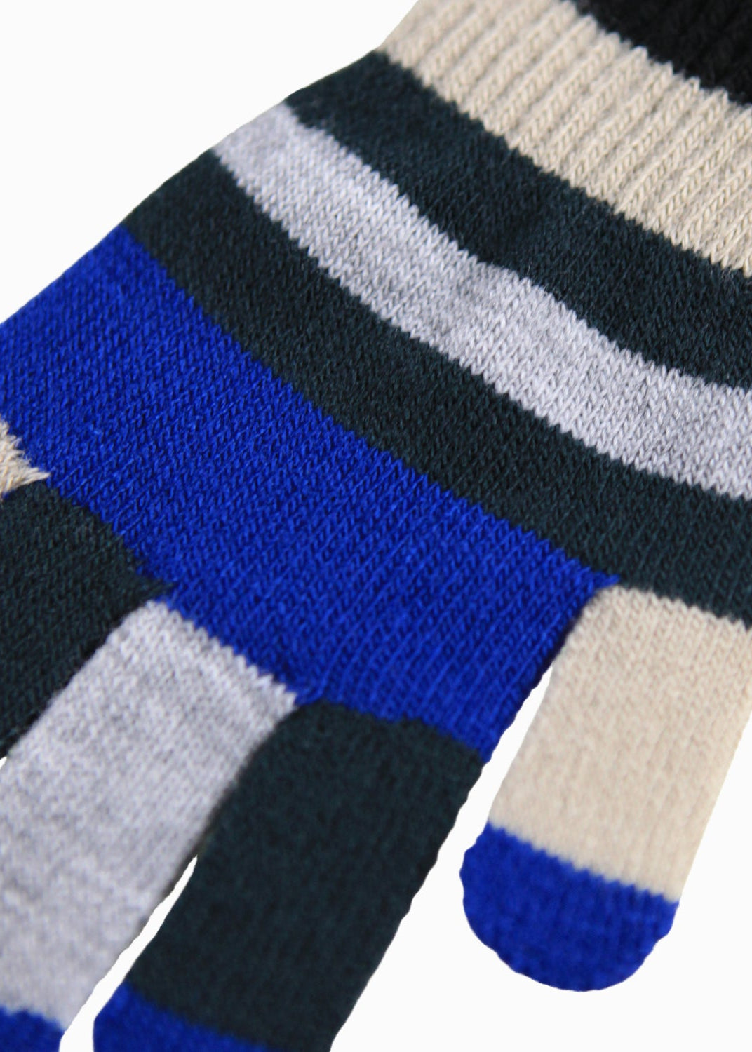 Striped glove with blue, black, and beige colors on a white background
