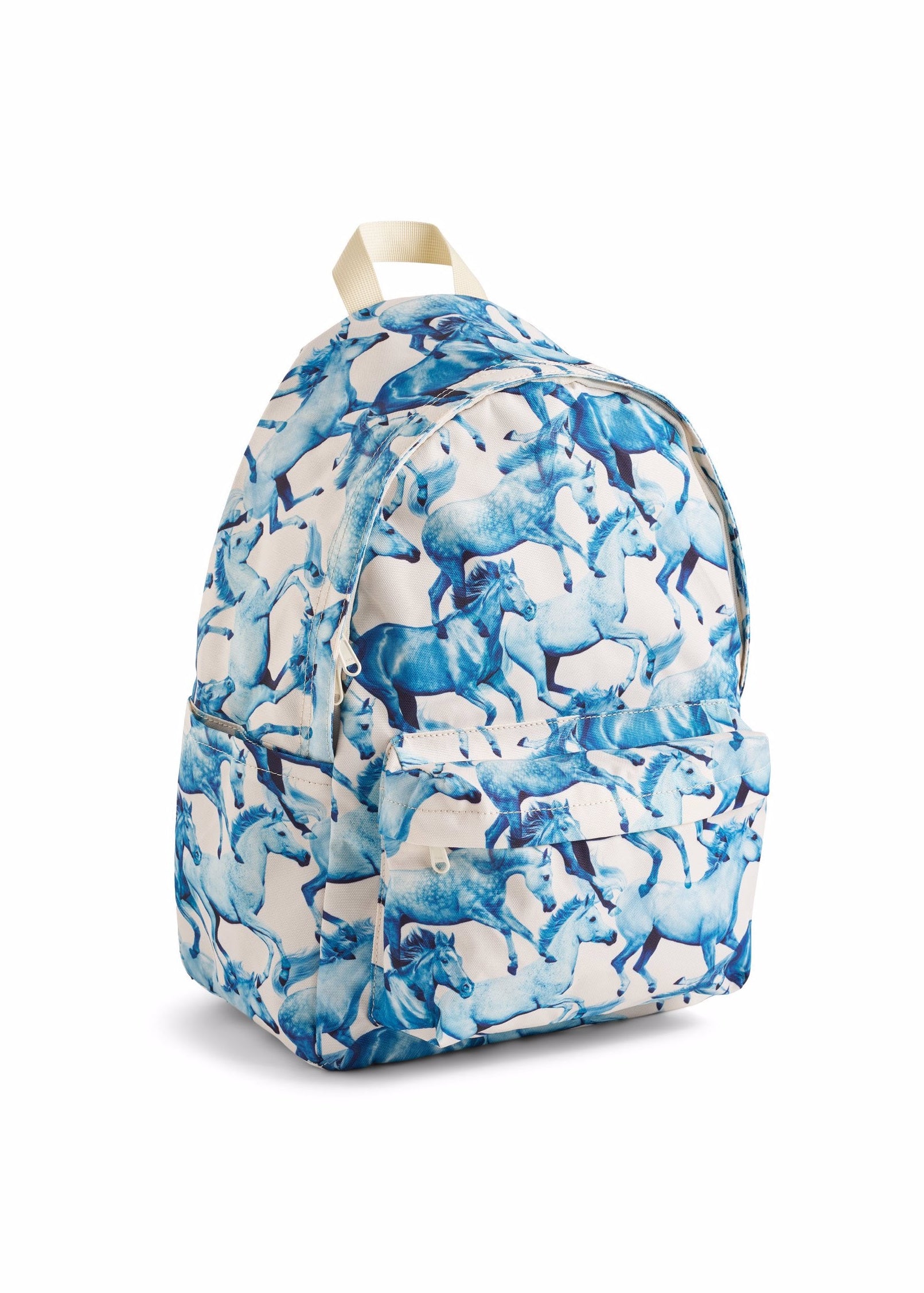 Blue and white floral patterned backpack on a white background