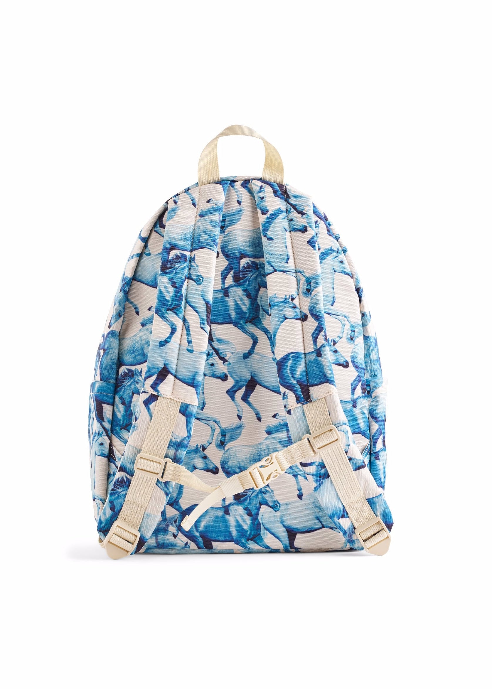 Backpack with blue floral pattern on a white background
