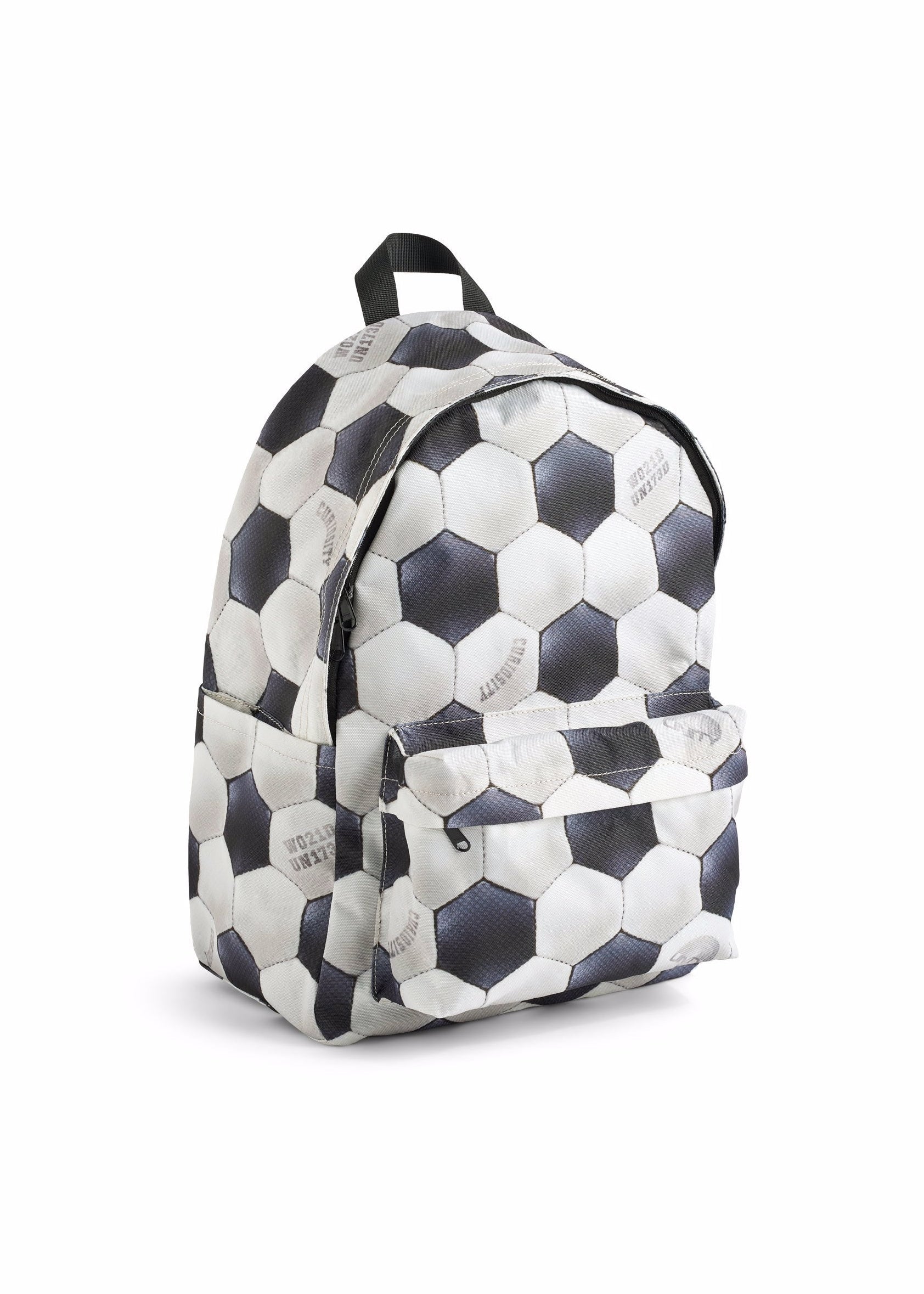 Backpack with soccer ball pattern on a white background